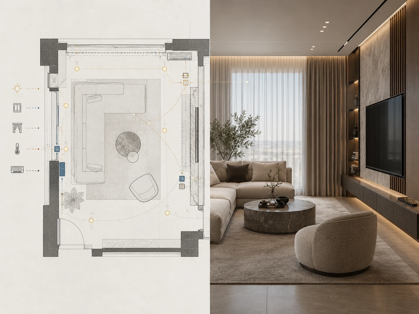 План помещения рядом с визуализацией интерьера гостиной.